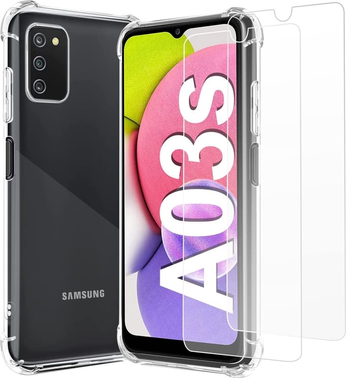 Anti-Shock silicone hoesje met 2 Pack Tempered glas Screen Protector Geschikt voor: Samsung Galaxy A03S