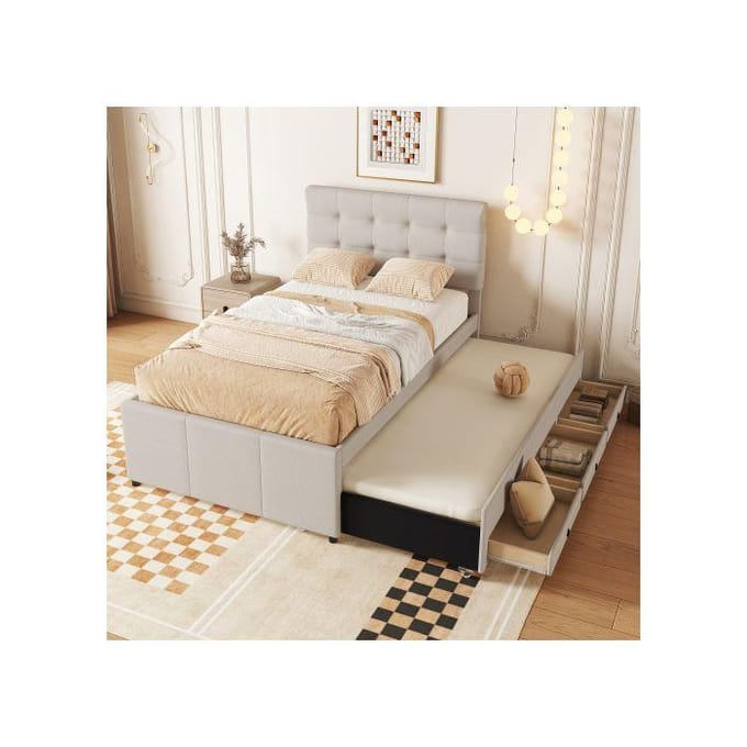 Lit rembourré - MUVOE - 90x200cm - Beige - 3 tiroirs - Tête de lit réglable beige