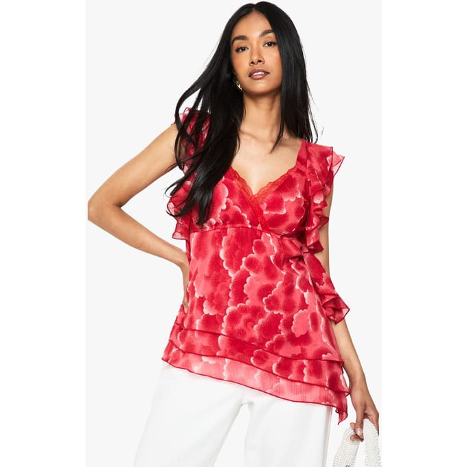 boohoo Dames Floral Chiffon Asymmetrische Ruffle Blouse | Red | Maat: 8