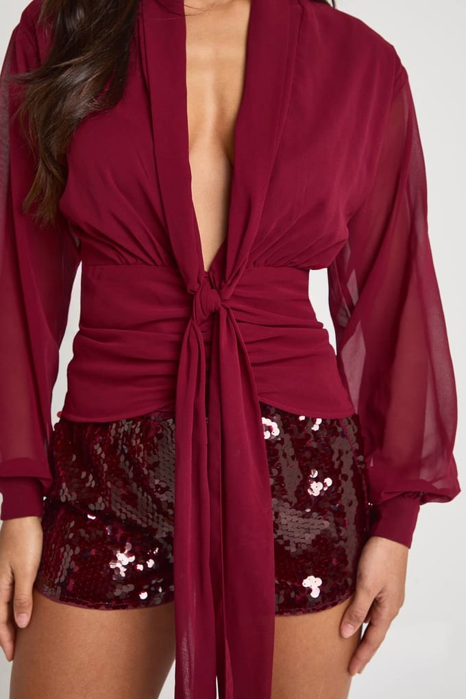 boohoo Dames Chiffon blouse met draperie | Wine | Maat: 8