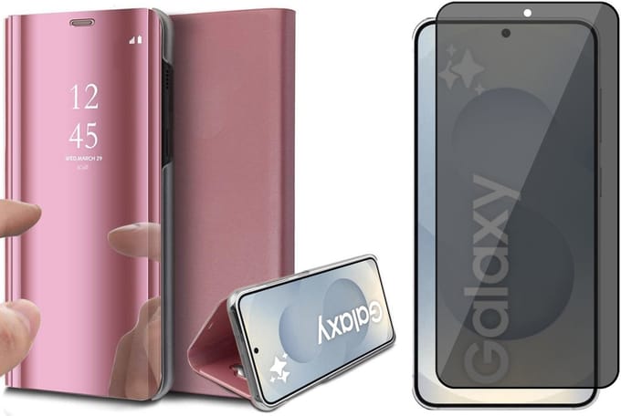 Hoesje geschikt voor Samsung Galaxy S25 - Privacy Screenprotector Volledig Dekkend Glas - Spiegel Book Case Rosegoud
