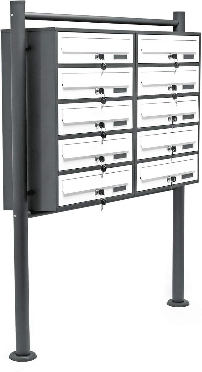 Mailbox systeem met 10 brievenbussen en standaard, poedercoating anthraciet-wit
