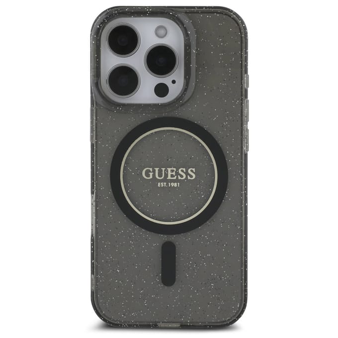 Guess MagSafe IML Glitter Case met beads strap voor de Apple iPhone 16 Pro - Zwart