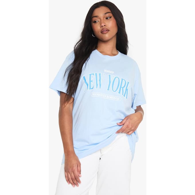 boohoo Dames PLUS NEW YORK OVERSIZED T-SHIRT | Babyblauw | Maat: 48