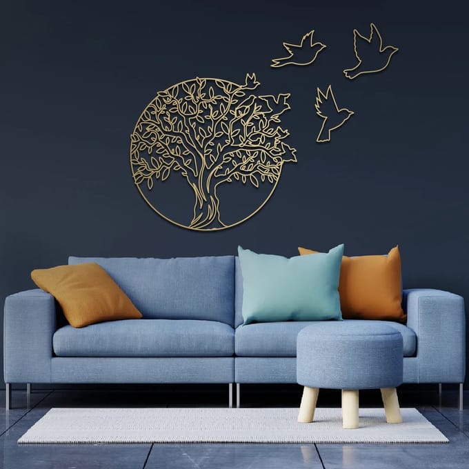 Prachtige handgemaakte levensboom met losse vogels smalle variant! 49x49cm Goud