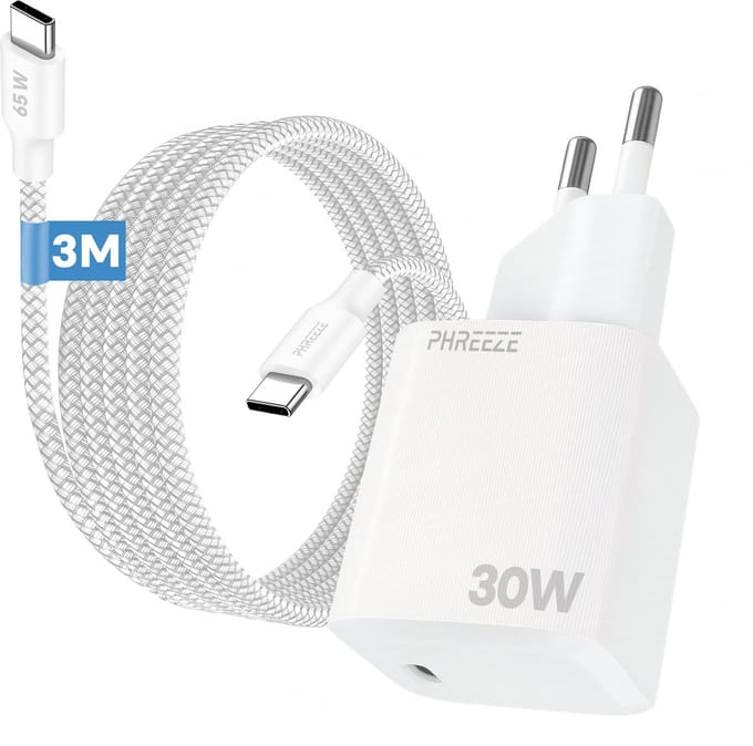 30w usb C GaN lader met usb C kabel 3 meter gevlochten wit