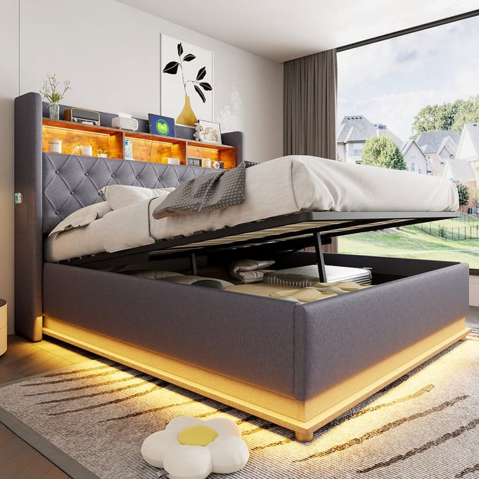 LED Gestoffeerd Bed 160x200 - Hydraulische Opbergruimte Met USB - Linnen - Grijs