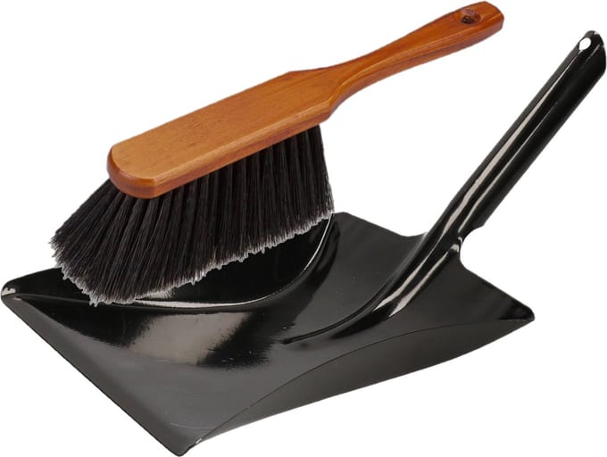 Stoffer en blik zwart/bruin van metaal/hout voor binnen