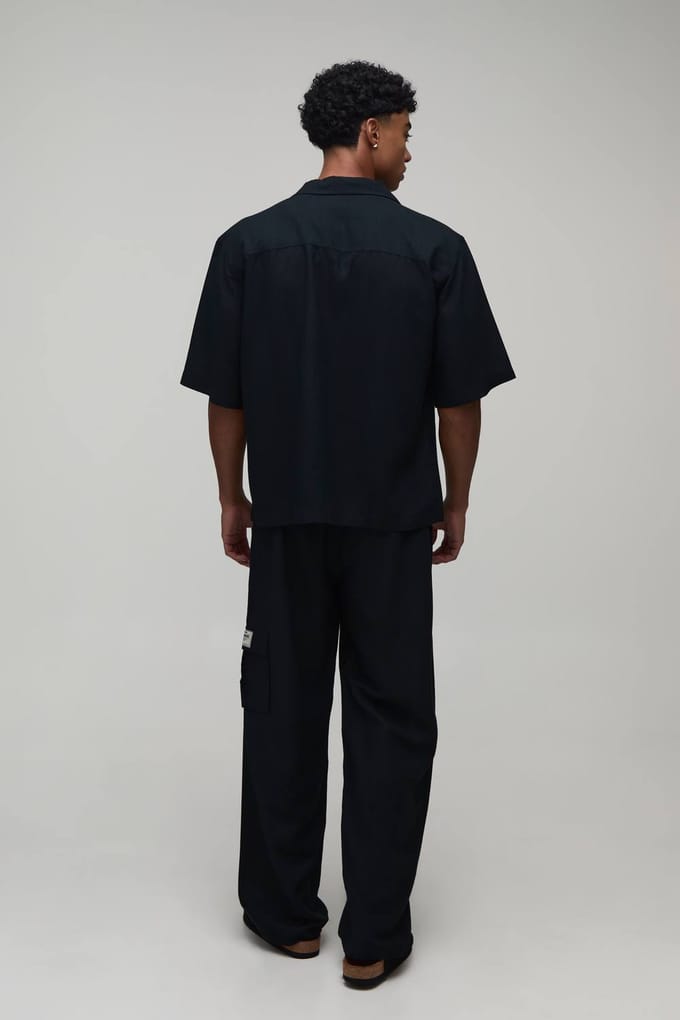 Linen Oversized Short Sleeve Cargo Shirt & Baggy Trouser Set | Black | Size Medium