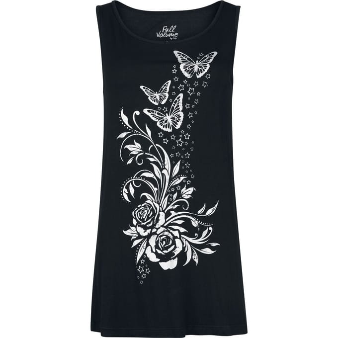 Full Volume zwarte top met vlinder- en rozenprint op de voorkant - Dames - S