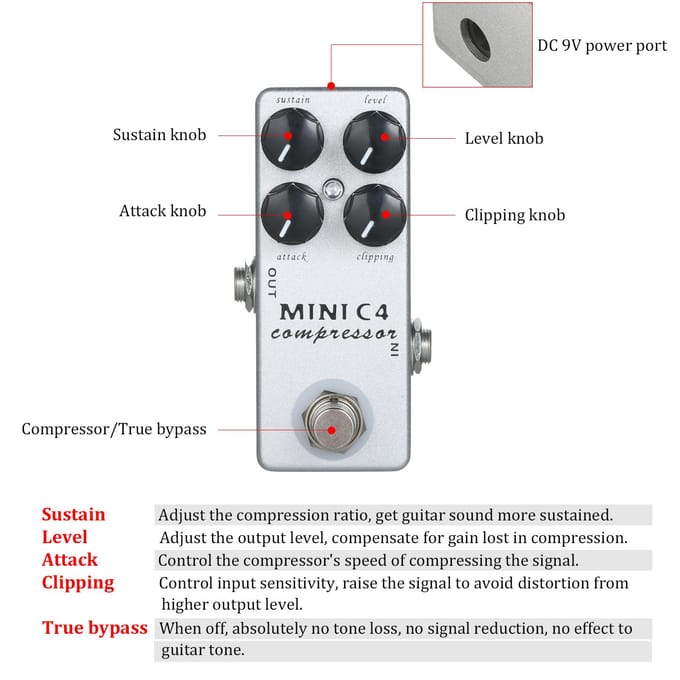 MOSKY MINI C4 Compressor Gitaareffectpedaal True Bypass zilver