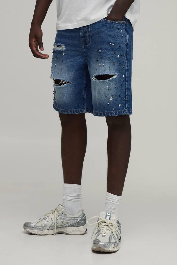 Relaxed Rhinestone Embellished Ripped Denim Shorts | Mid Blue | Size 52