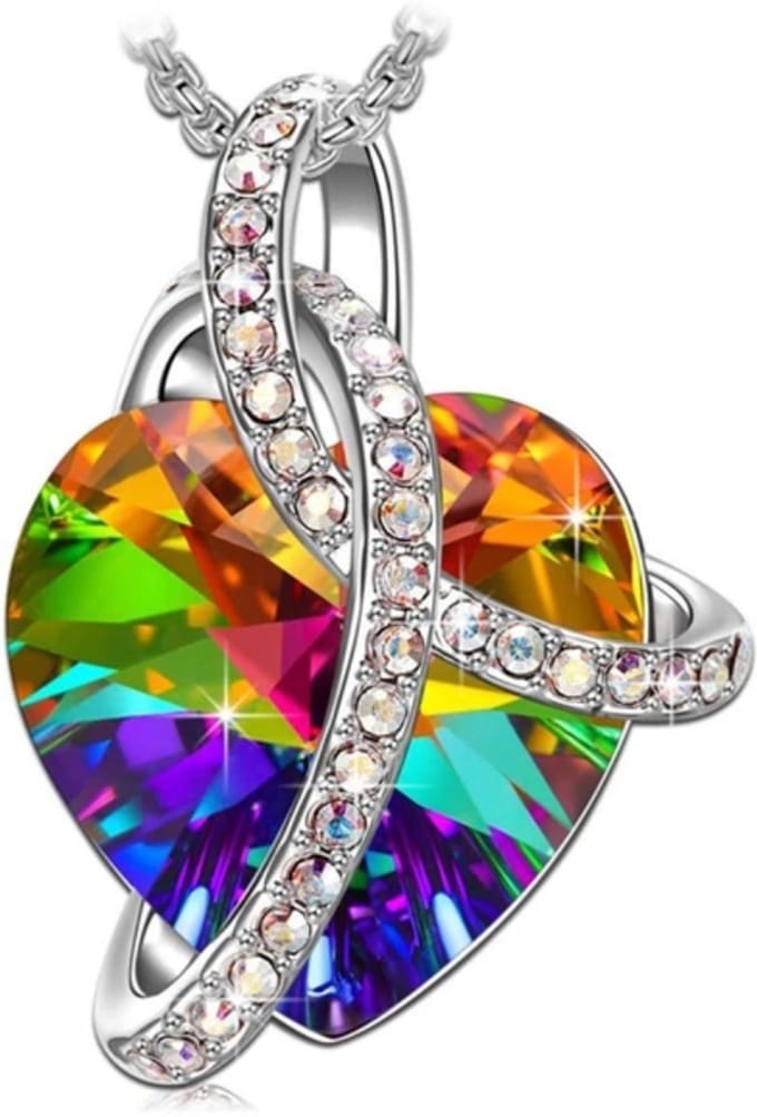 Multi Kleuren Ketting 925 Sterling Zilver Hartje met Kristal - Lengte 45cm
