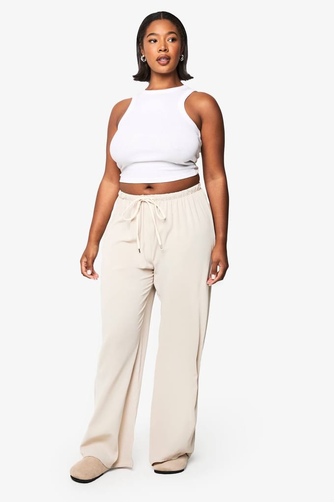 boohoo Dames PLUS TREKKOORD BROEK MET WijDE BENEN | Steen | Maat: 48