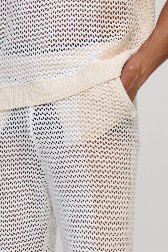 Relaxte pasvorm Kleurblok Open Steek Gebreide Joggers | Stone | Size Medium