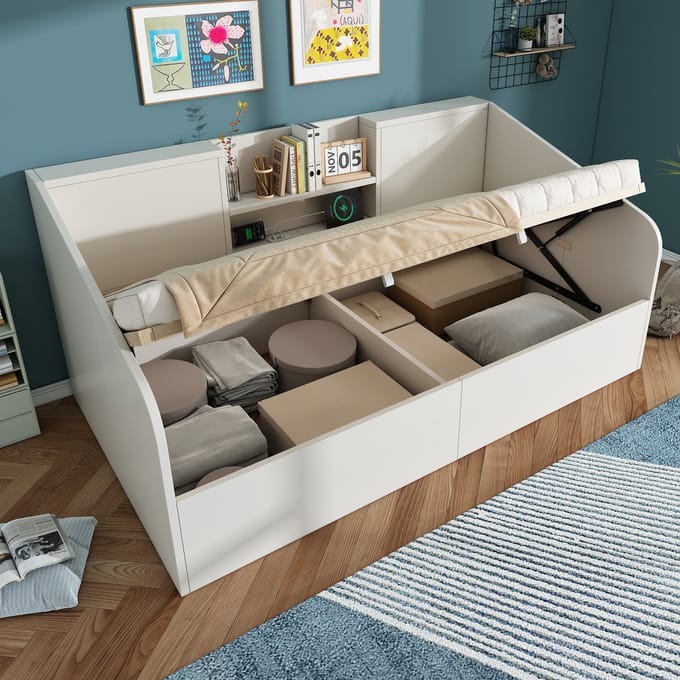 MODFU - Bedframe 90x200 cm – Daybed met opbergruimte & laadstation – Hydraulisch – Wit hout