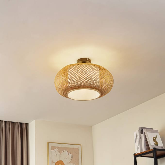 Lindby - plafondlamp hout - 1licht - Bamboe, ijzer - H: 30 cm - E27 - Licht hout, wit