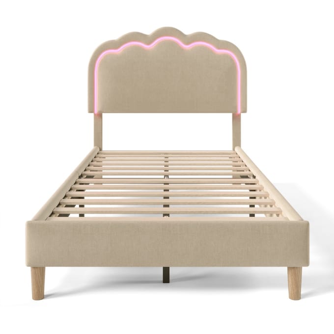 Gestoffeerd Bed LED Eenpersoonsbed 90 x 190 cm, Bedframe met Lattenbodem en Verstelbaar Hoofdeinde, Beige, Bedframe, Fluweel