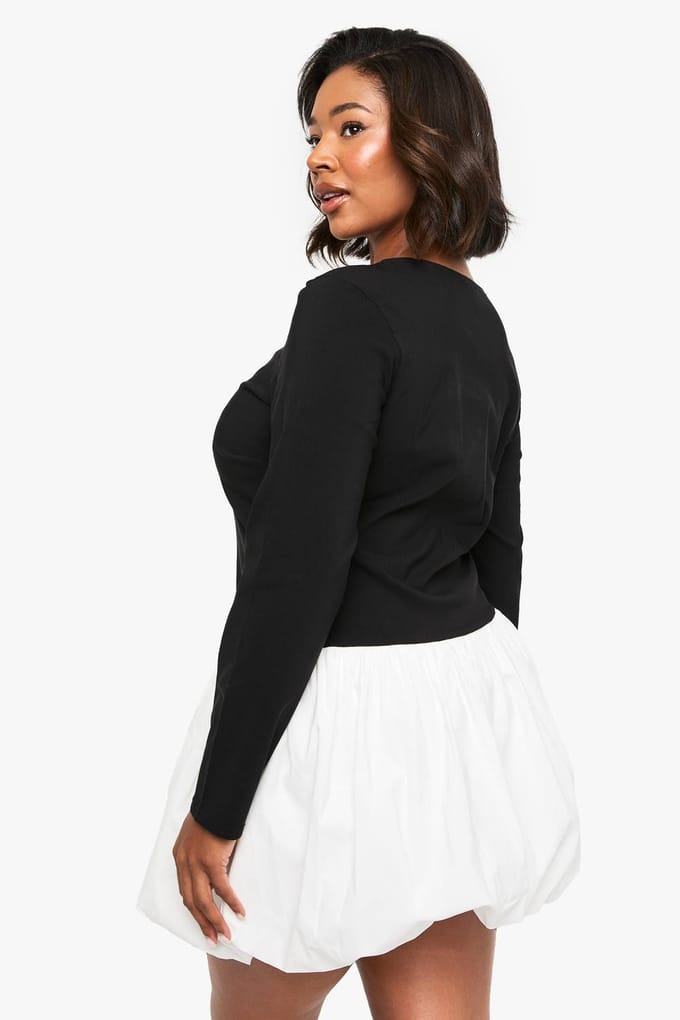 boohoo Dames plus bengaline contrast puffball mini jurk | Black | Maat: 28