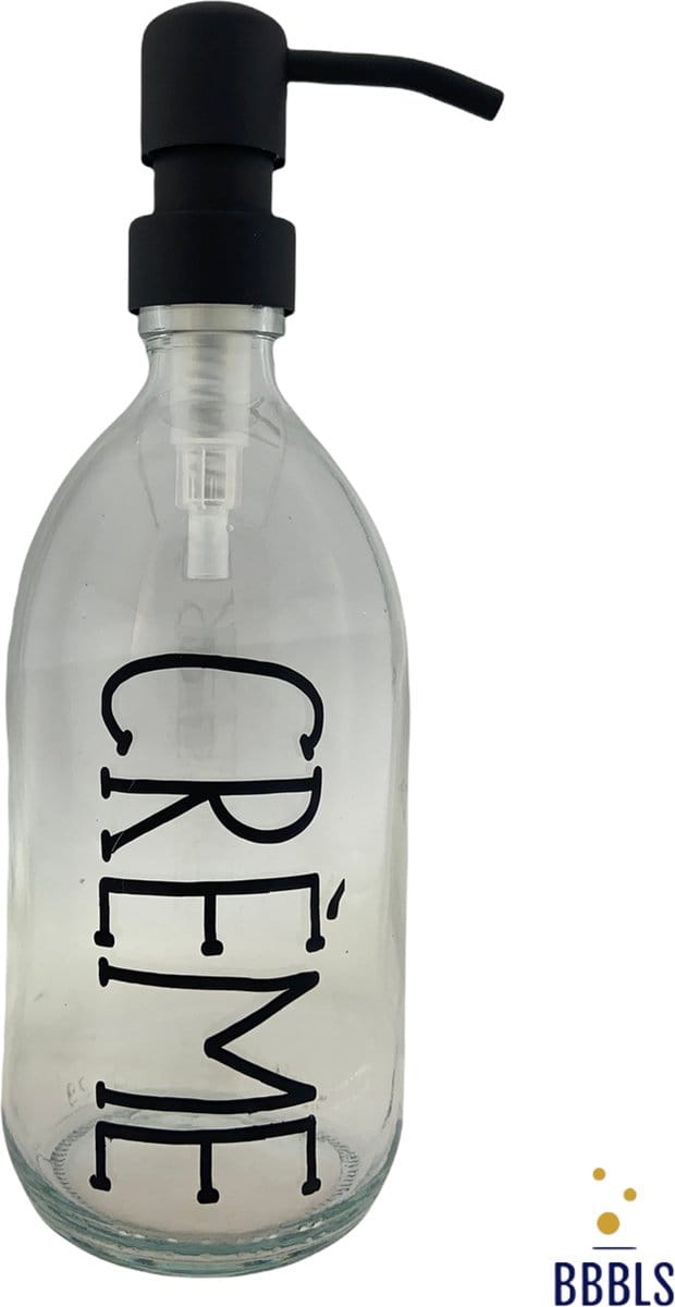 BBBLS® Design Dispenser "Creme" | Transparant Glas | 500ml | RVS / Metaal Pomp Zwart | Zeeppomp | Zeepdispenser | Zeephouder
