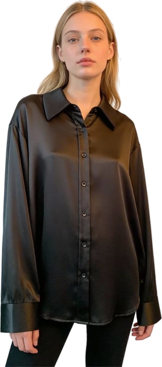 Zijde look Dames Blouse - Zwart - Overhemd - Chique - Glimmend - Glans