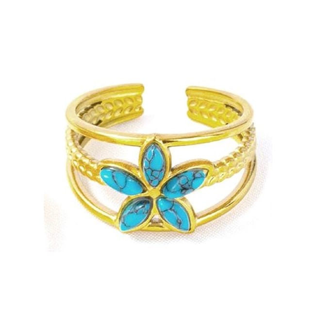 Ring met Bloem - RVS - One Size - Goudkleurig - Bloem met Steen Blauw