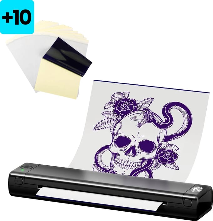 Tattoo Stencil Printer - Incl. 10x Transferpapier & Opbergtas - Thermische A4 Printer - Pocketprinter - Miniprinter - Zwart