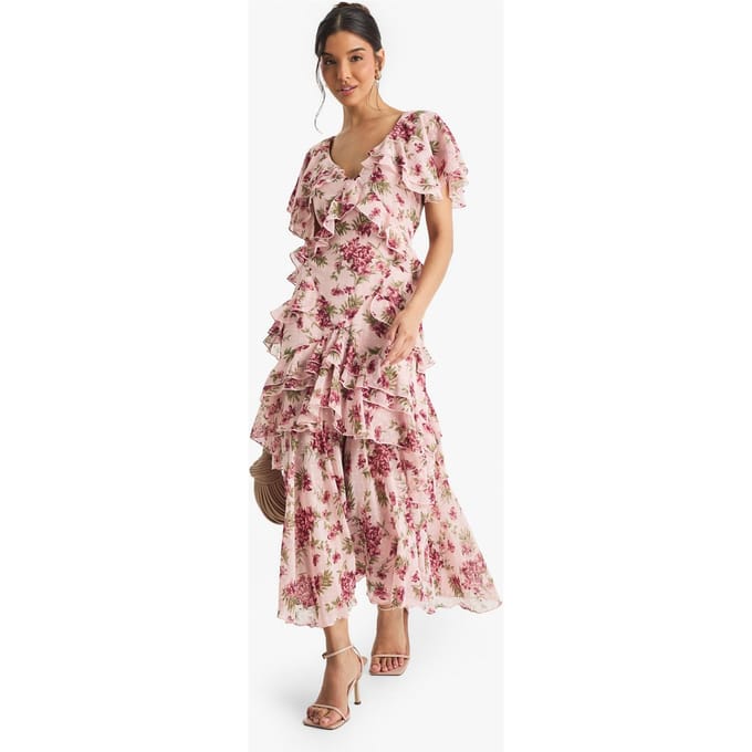 boohoo Dames Bloemen Ruffle Maxi Jurk | Roze | Maat: 44