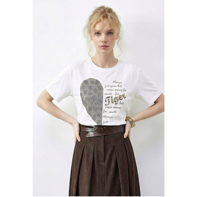 Ronde Hals Pailletten Tekst Print T-Shirt