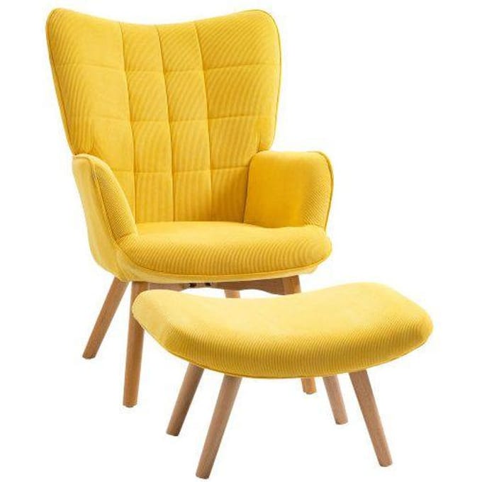 Fauteuil à oreilles - MUVOE - Jaune - Velours côtelé - Avec pouf - Design contemporain jaune