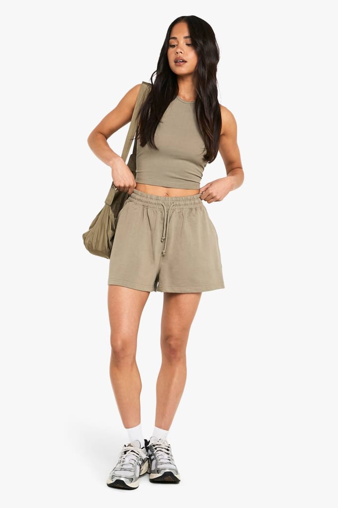 boohoo Dames Racer Top en Sweatshort Set | Gewassen Kaki | Maat: Large