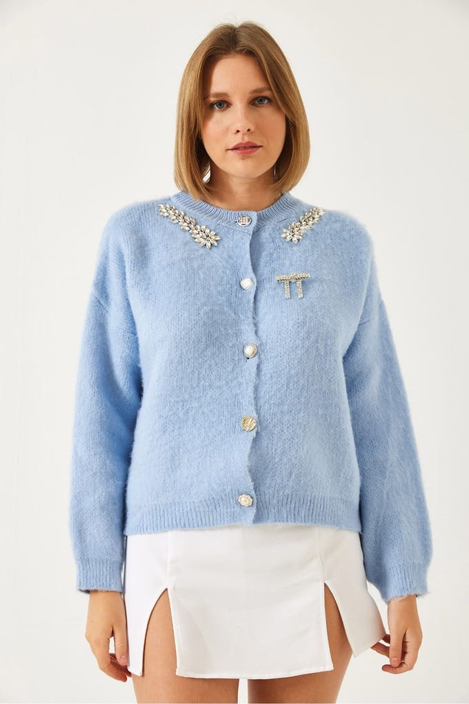 Versierde Ronde Hals Lange Mouw Cardigan