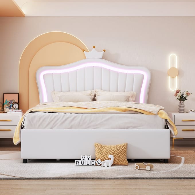 MODFU Kinderbed 140x200 cm – Wit PU-leer – Kronenhoofd & 4 opbergladen – RGB LED – Verstelbaar hoofdeinde