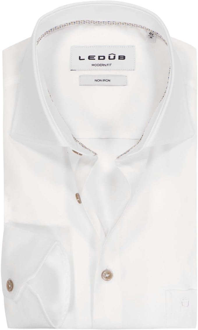 Ledub modern fit overhemd - mouwlengte 72 cm - popeline - wit - Strijkvrij - Boordmaat: 39 (EU maat: M)