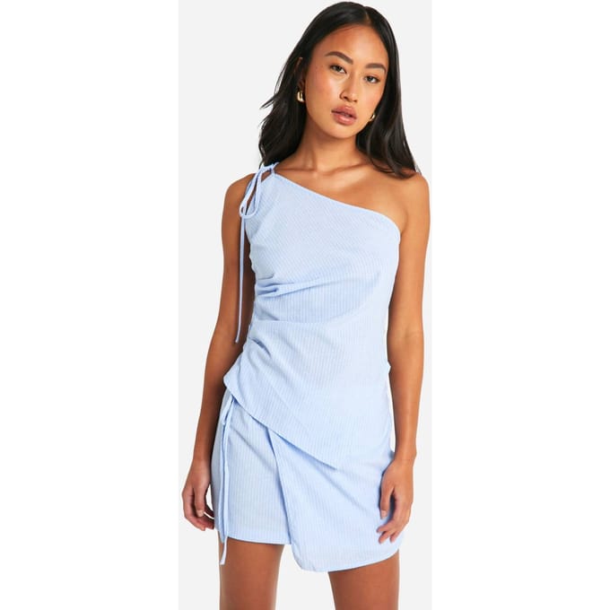 boohoo Dames Asymmetrische gestreepte geraffelde cami | Lichtblauw | Maat: 42
