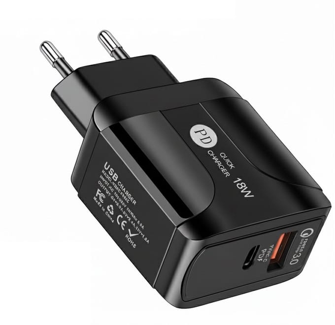18W Reislader met LED-indicator - USB-C PD + QC 3.0 Snellader - oplader adapter - Universeel voor Smartphone en Tablet - zwart