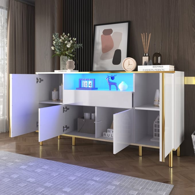 Dressoir - 150x40x80 cm - Hoogglans Dressoir Met 4 Deuren En 1 Lade - LED Verlichting - MDF Spaanplaat - Wit