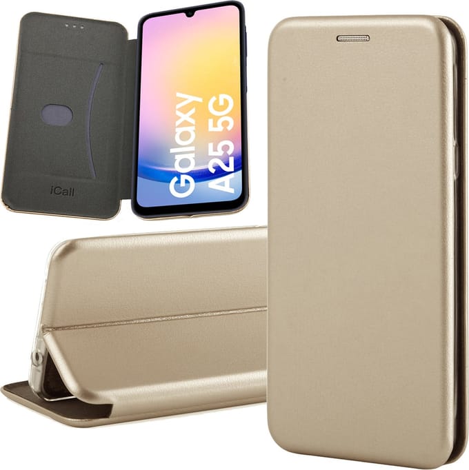 Hoesje geschikt voor Samsung Galaxy A25 / A24 - Screenprotector Glas & Camera - Wallet Book Case Goud