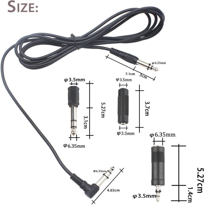 3MGuitar Audiokabel 1/4  6.35mm Rechte Rechte Plug met 3 Adapters zwart