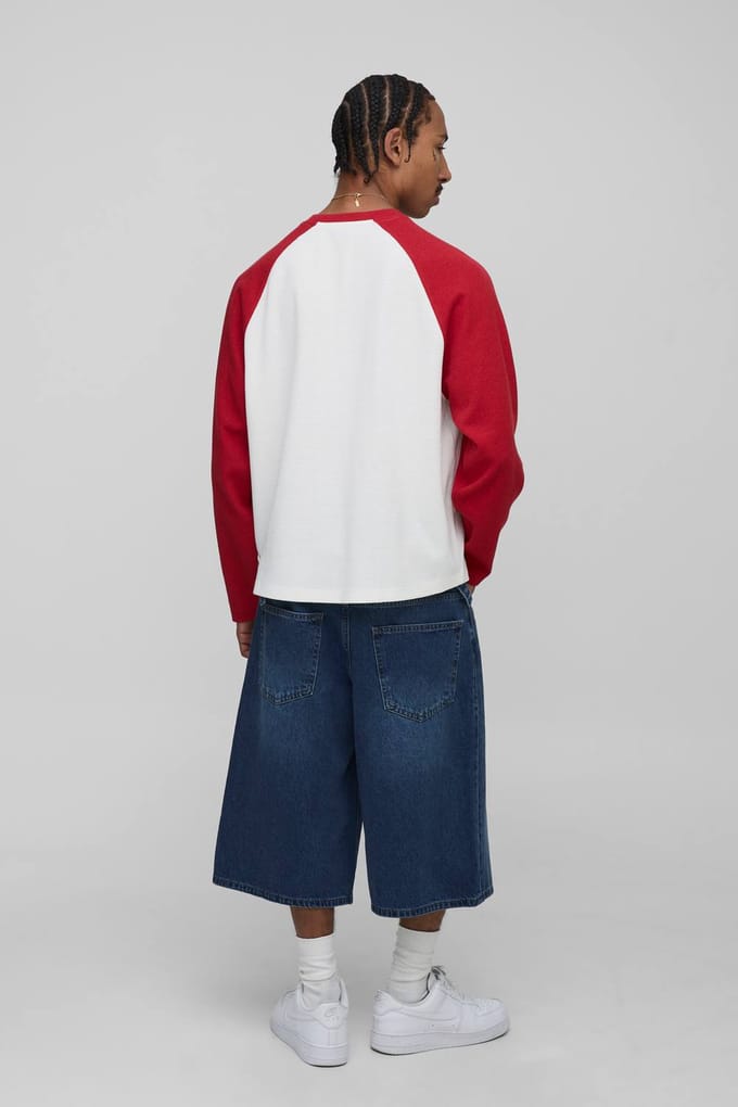 Oversized Boxy Heavyweight Wafel Raglan T-shirt met lange mouwen | Red | Size Medium