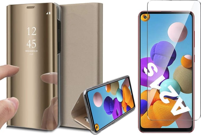 Hoesje geschikt voor Samsung Galaxy A21s - Screen Protector GlassGuard - Book Case Spiegel Goud & Screenprotector