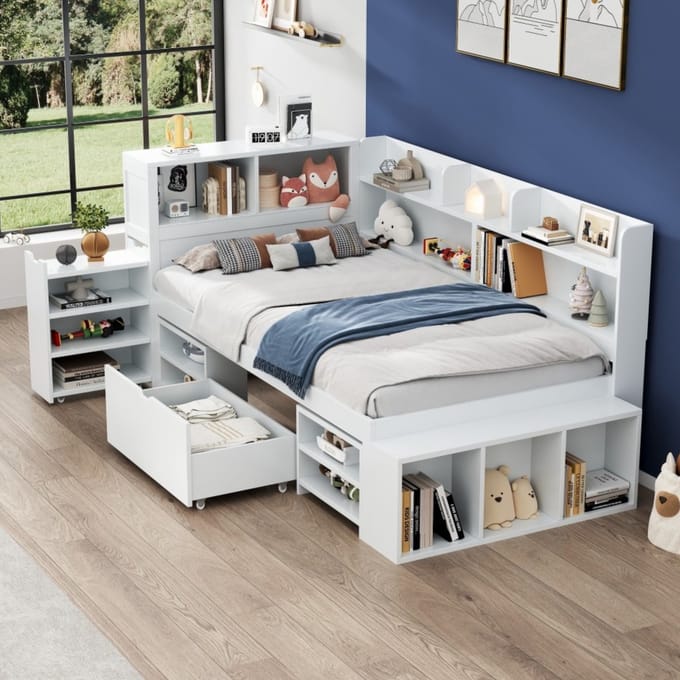Sweiko Kinderbed - 90 x 200 cm - Met lade - Opbergplank - Uitschuifbaar nachtkastje - Lattenbodem - Wit