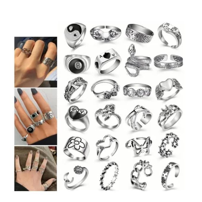 24 stuks Retro Herenring Metaallegering Zilverkleur Vintage Ring Modieus Punk Gothic Ring gray
