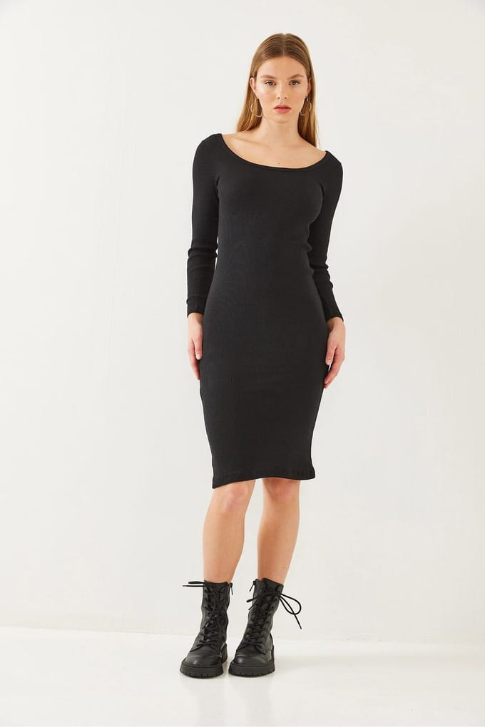 Textured Geribde Midi-jurk met Vierkante Kraag