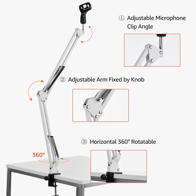 Microfoonstandaardhouder Tafel Luie Beugel met Uitschuifbare Arm Microfoonclip wit