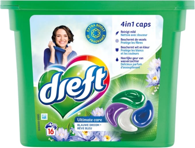 Dreft - Wasmiddelcapsules 4in1 - Witte en Gekleurde Was - Blauwe Droom - 16 Wasbeurten