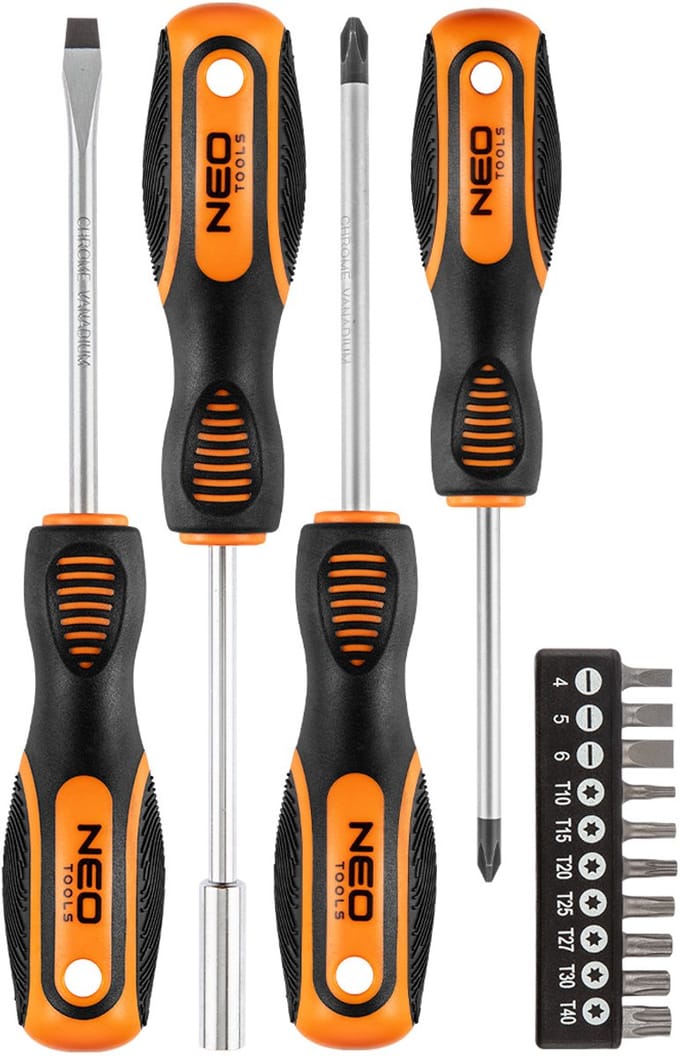 NEO - Set Schroevendraaiers en Bitjes - 14-delig - Magnetische Punt - CrV Staal