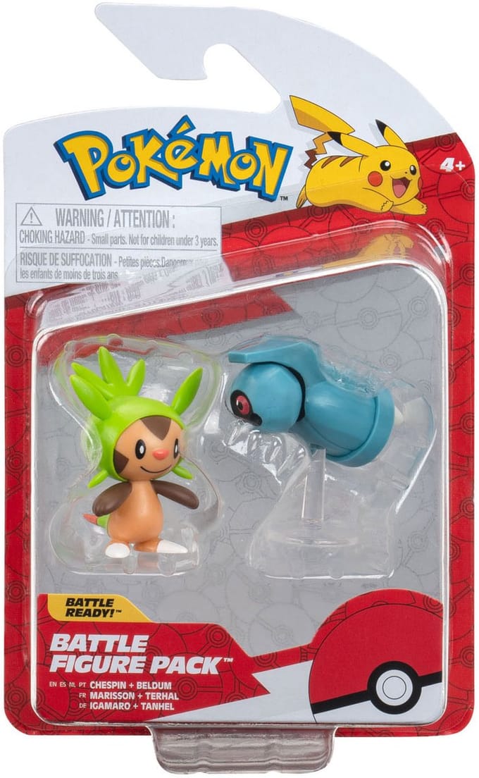 Jazwares Pokémon Battle Figure First Partner Set Figure 2-Pack Chespin, Beldum 5 cm Mini-Figuur