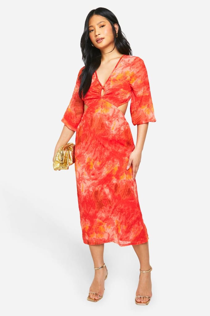 boohoo Dames Petite Bedrukte Chiffon Midaxi-Jurk | Rood | Maat: 36