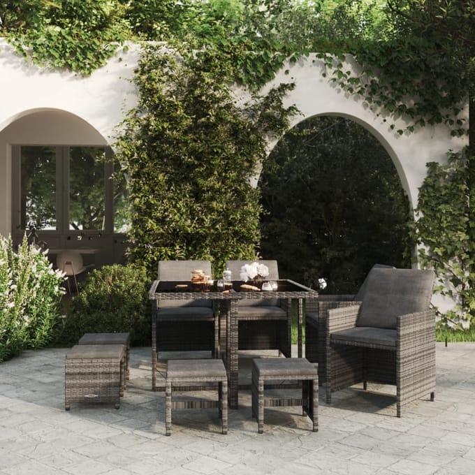 vidaXL - 9-delige - Tuinset - met - kussens - poly - rattan - grijs